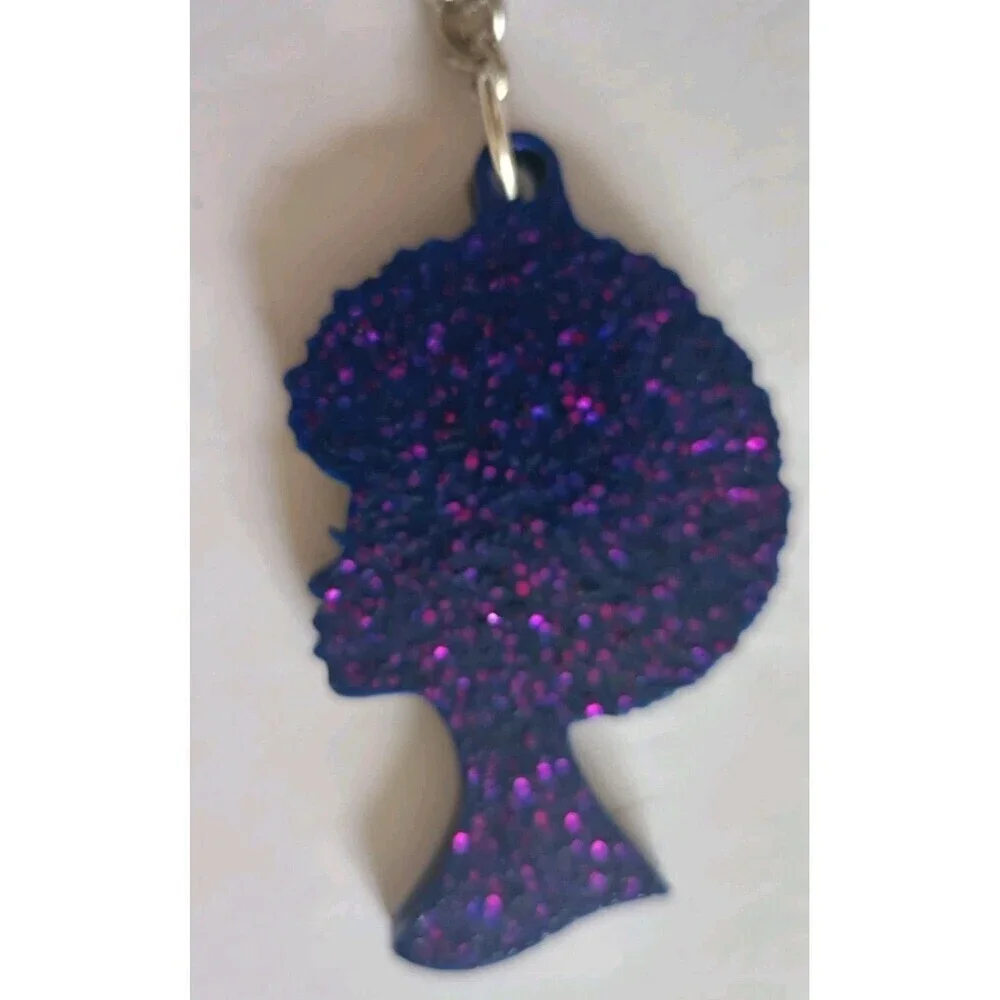 Afro Women Blue Hot Pink Glitter Keychain Purse Charm Tassel Handmade